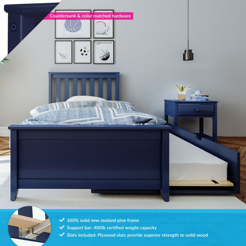 Navy blue kids bed with pull-out trundle, solid New Zealand pine frame, matching nightstand, striped blue bedding, sports wall art and modern pendant light
