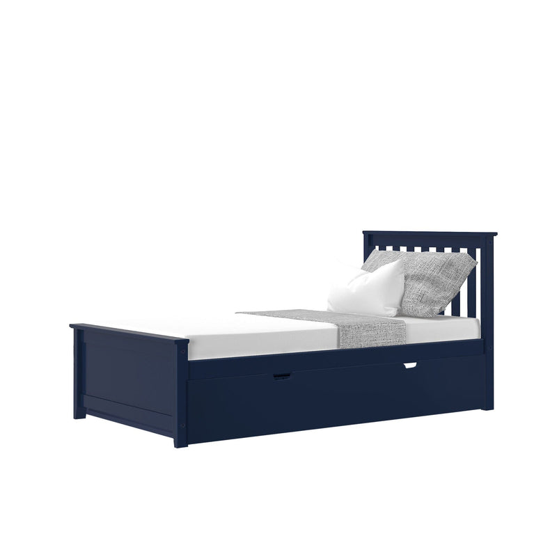 Navy blue wooden twin bed with under-bed storage drawer, white mattress and gray textured throw and pillow, modern children's bedroom furniture