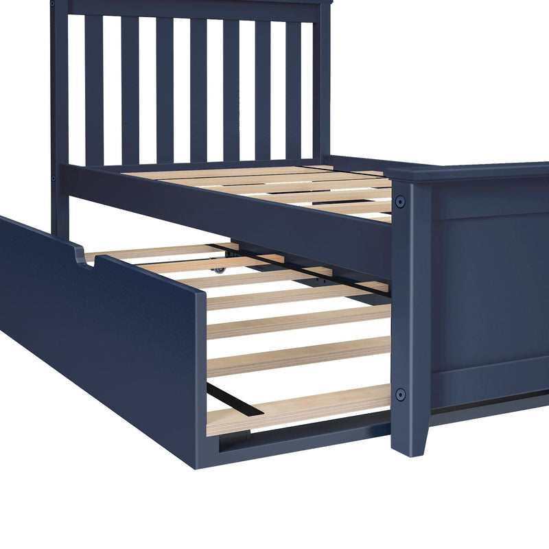 Navy blue wooden bed frame with vertical slatted headboard, wooden slat platform and underbed trundle on casters