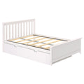 White wooden platform bed frame with slatted mattress support and under-bed storage drawer, modern farmhouse bedroom furniture