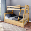 Light natural wood twin-over-full bunk bed with ladder and pull-out trundle drawer in modern kids bedroom with gray bedding and navy star pillows