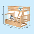 Natural solid wood twin-over-full bunk bed with ladder and under-bed trundle drawer, dimensions 81.5" L × 59" W × 65" H, 400 lb weight limit per bunk
