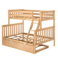 Light natural wood loft bunk bed with ladder, slatted safety rails and built-in underbed trundle drawer — space-saving kids' bedroom furniture