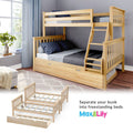 Convertible natural pine twin-over-full bunk bed with ladder and pull-out trundle in a modern kids' bedroom