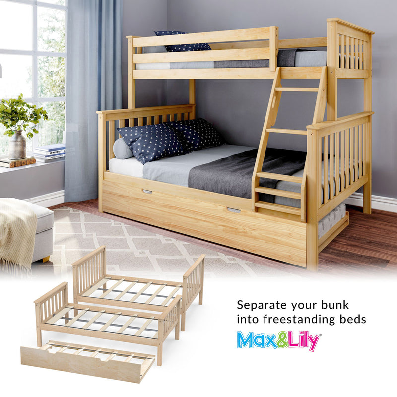 Convertible natural pine twin-over-full bunk bed with ladder and pull-out trundle in a modern kids' bedroom