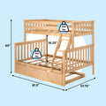 Natural wood twin-over-full bunk bed with ladder, trundle storage drawer and solid slat platforms, 81.5 in L x 57.75 in W x 65 in H, natural finish, 400 lb weight capacity per bed, space-saving kids loft bunk for small bedrooms