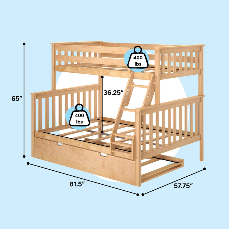 Natural wood twin-over-full bunk bed with ladder, trundle storage drawer and solid slat platforms, 81.5 in L x 57.75 in W x 65 in H, natural finish, 400 lb weight capacity per bed, space-saving kids loft bunk for small bedrooms