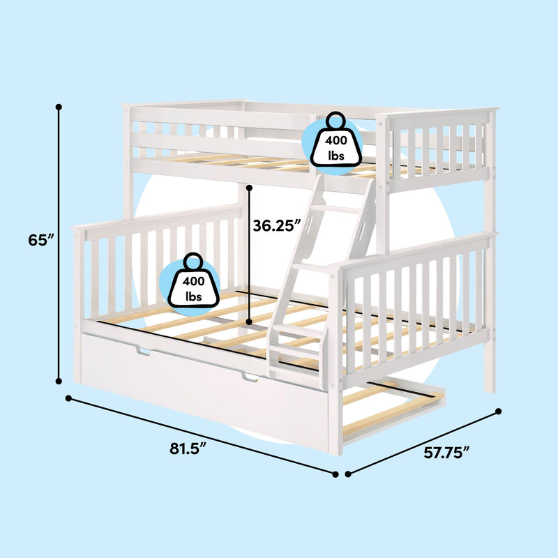 White wooden twin-over-full bunk bed with ladder, slatted platform and pull-out trundle drawer on light blue background, 400 lb weight capacity, dimensions 81.5 x 57.75 x 65 inches