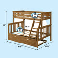 Solid wood twin-over-full bunk bed with angled ladder and pull-out trundle, natural oak finish; product dimensions 81.5" L × 57.75" W × 65" H, 36.25" loft height, 400 lb weight capacity per bed