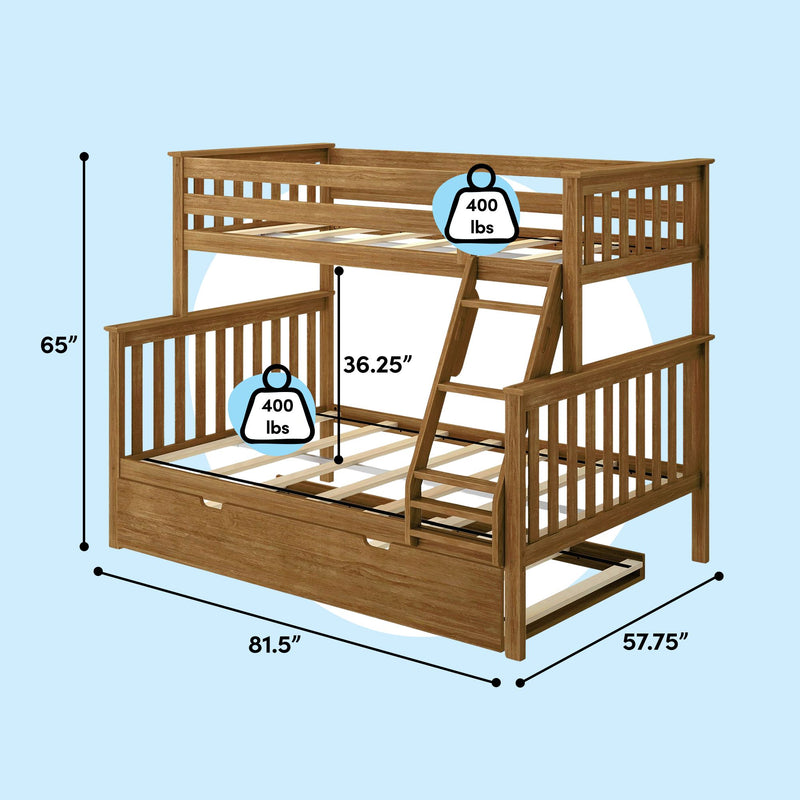 Solid wood twin-over-full bunk bed with angled ladder and pull-out trundle, natural oak finish; product dimensions 81.5" L × 57.75" W × 65" H, 36.25" loft height, 400 lb weight capacity per bed