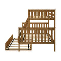 Twin-over-twin wooden bunk bed with built-in staircase, slatted rails and natural wood finish for kids' bedroom