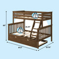 Brown solid wood twin-over-full loft bunk bed with ladder, slatted safety rails and under-bed storage drawer, 400 lb weight capacity per bunk, dimensions 81.5" L x 57.75" W x 65" H on a light blue background