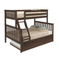 Space-saving dark walnut solid wood twin-over-full bunk bed with ladder, safety rails and pull-out trundle