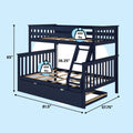 Navy blue wooden twin-over-full bunk bed with ladder and under-bed trundle drawer, slatted platform design, 81.5" L x 57.75" W x 65" H, 400 lb weight capacity per bunk