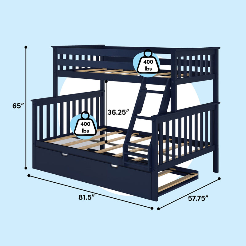 Navy blue wooden twin-over-full bunk bed with ladder and under-bed trundle drawer, slatted platform design, 81.5" L x 57.75" W x 65" H, 400 lb weight capacity per bunk