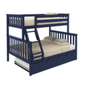 Navy blue wooden bunk bed with ladder, slatted guardrails and pull-out trundle drawer, styled with beige bedding for a kids' bedroom