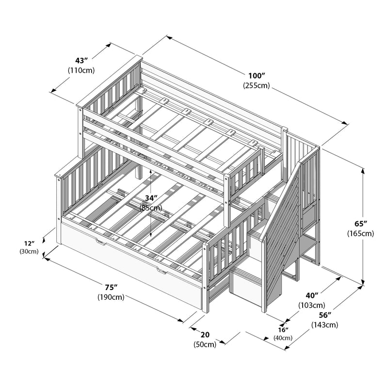 Dimensioned technical drawing of a wooden loft bunk bed frame with stairs and under-bed storage, showing measurements in inches and centimeters.