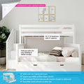 White solid pine bunk bed with staircase entry, built-in storage drawer and trundle, pink bedding and framed animal wall art in nursery — 31¼ inch headroom with 5 inch mattress and countersunk color-matched hardware