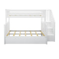 White wooden twin-over-full loft bed with staircase and built-in under-bed storage drawer, exposed wooden slats, modern children's bunk bed frame on white background