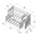 Wooden loft bunk bed frame technical drawing with measurements (75" / 190 cm length, 56" / 143 cm width, 65" / 165 cm height), showing guardrails, integrated stairs, under-bed storage drawer and slatted mattress supports for assembly and dimension reference