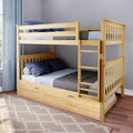 Light maple solid wood twin-over-full bunk bed with built-in ladder and pull-out trundle drawer in a kids' bedroom with blue star-pattern pillows and gray walls