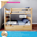 Solid natural pine twin-over-twin bunk bed with non-slip grooved ladder, top safety rails, under-bed storage drawer and blue kids' bedding for children's bedroom