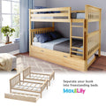 Light pine convertible wooden bunk bed with ladder and trundle in kids' bedroom, navy star pillows and window light
