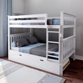 White wooden space-saving bunk bed with ladder and under-trundle, blue and gray bedding in modern kids' bedroom