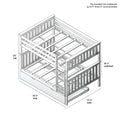 Twin-over-full bunk bed assembly diagram showing wooden frame with ladder, safety guardrails, slatted mattress supports, underbed storage trundle and labeled dimensions, fits standard mattresses up to 9-inch thick.