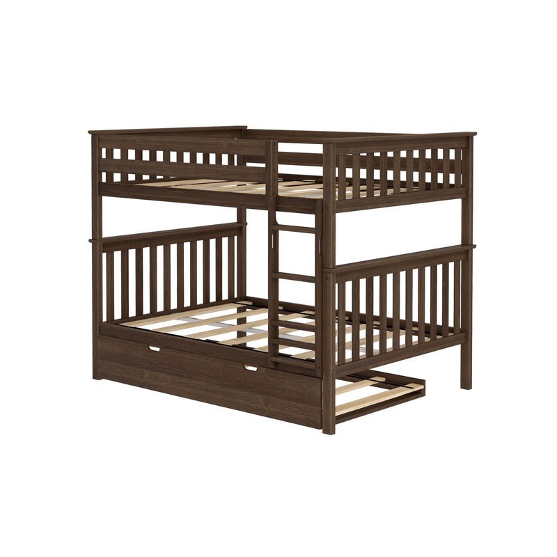 Dark brown wooden twin-over-full bunk bed with ladder, slatted headboards and safety guardrails, underbed trundle drawer