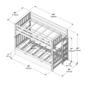 Technical diagram of a twin-over-full wooden bunk bed with ladder, slatted frames and under-bed drawer, annotated dimensions 82" x 42" footprint and 65" height (208 x 107 x 165 cm)