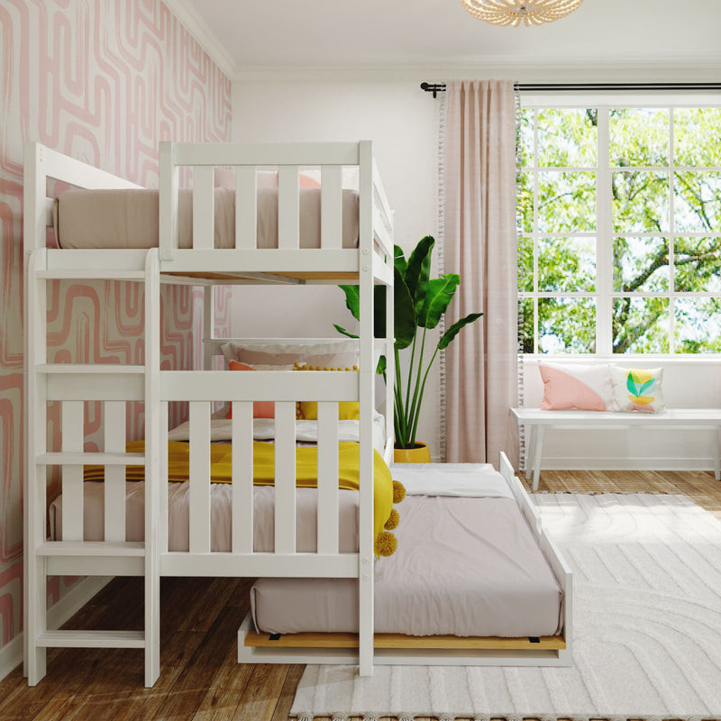 Bright kids' bedroom with white wooden bunk bed, pink geometric wallpaper, pastel cushions, yellow throw, indoor plant and window seat