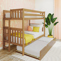 Wooden bunk bed with pull-out trundle in a bright kids' bedroom featuring pink geometric wallpaper, yellow pillows and a tropical potted plant