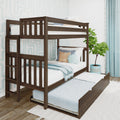 Dark walnut wooden bunk bed with pull-out trundle in coastal-style kids' bedroom with white bedding, blue accents, ladder and potted plant