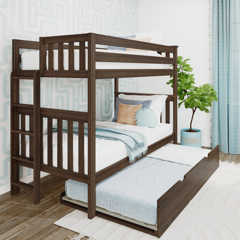 Dark walnut wooden bunk bed with pull-out trundle in coastal-style kids' bedroom with white bedding, blue accents, ladder and potted plant