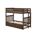 Dark brown wooden bunk bed with built‑in ladder, slatted guardrails and under‑bed storage drawer, space‑saving bedroom furniture