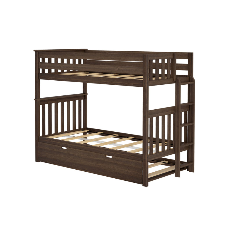 Dark brown wooden bunk bed with built‑in ladder, slatted guardrails and under‑bed storage drawer, space‑saving bedroom furniture