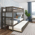 Gray wooden bunk bed with pull-out trundle in modern kids bedroom with blue geometric wallpaper, blue curtains, decorative pillows and potted plant