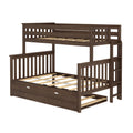 Dark brown wooden twin-over-full bunk bed with ladder, slatted headboards and guardrails, and under-bed storage drawer