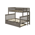 Gray wood twin-over-full bunk bed with ladder, slatted headboards and footboards, wooden slat support and under-bed trundle drawer — modern space-saving kids' bedroom furniture