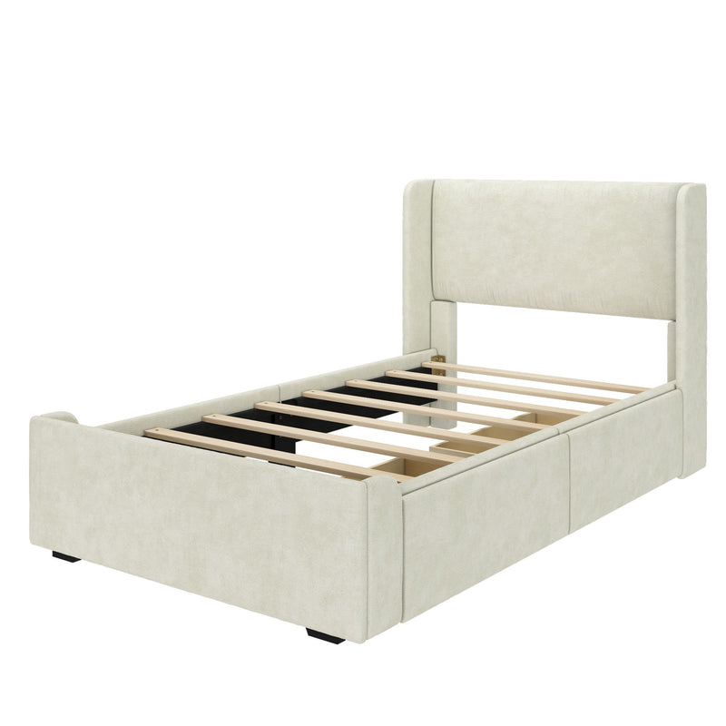 Beige upholstered platform bed frame with tall padded headboard, padded side rails and wooden slat mattress support