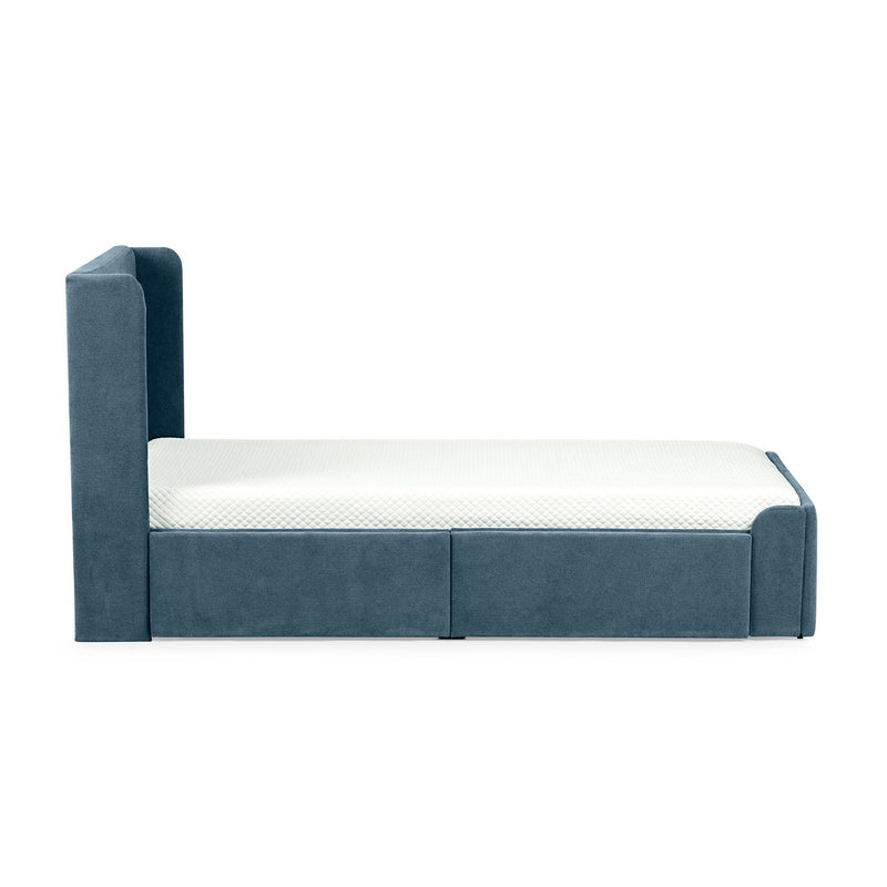 Teal fabric upholstered platform bed with tall wingback headboard and white quilted mattress, modern bedroom furniture