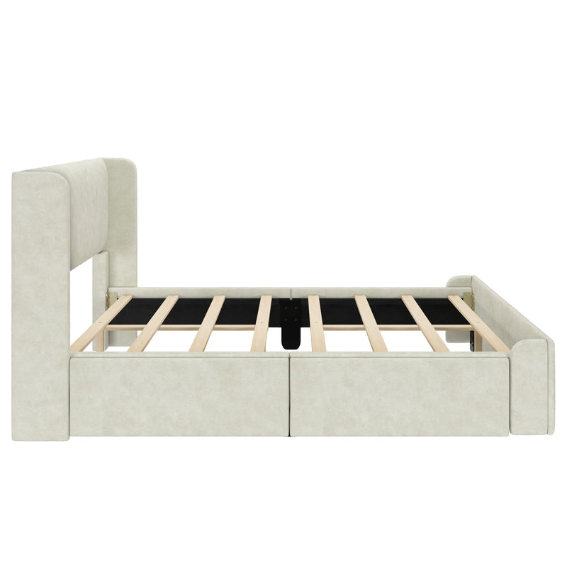 Cream upholstered platform bed frame with tall padded headboard and wooden slat base, modern beige fabric