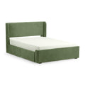 Green upholstered fabric bed frame with tall headboard, white mattress and built-in underbed storage drawers on a platform base