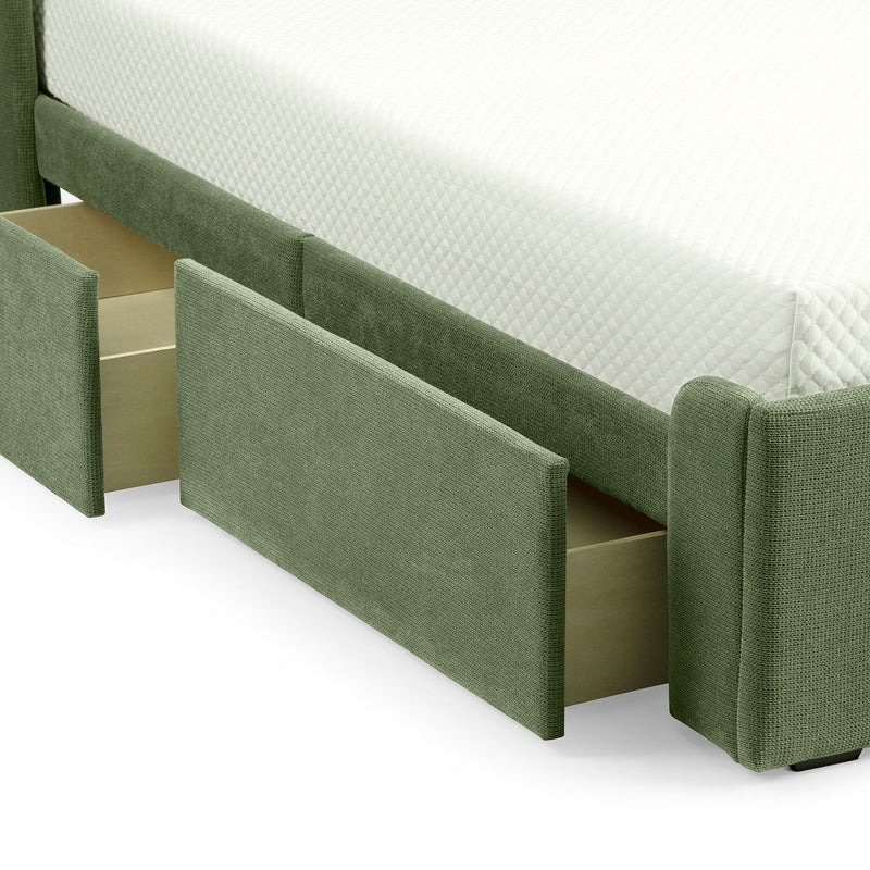 Green upholstered storage platform bed with two open under-bed drawers and white quilted mattress, modern bedroom furniture