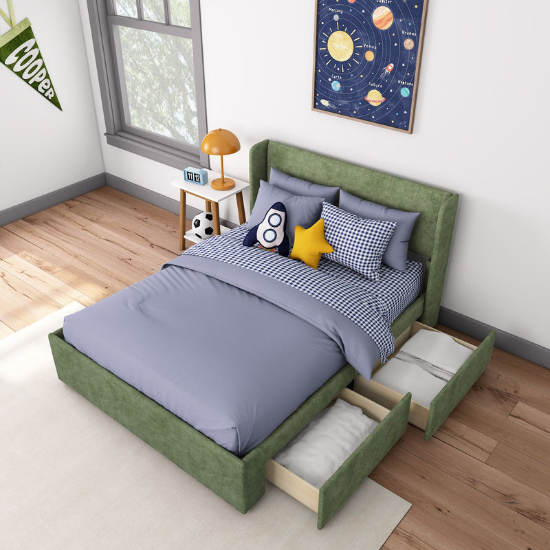 Space-themed kids bedroom with green upholstered storage bed, blue gingham bedding, rocket plush and star cushion, bedside lamp and alarm clock, solar system wall art