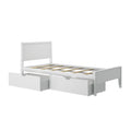 White wooden twin platform bed frame with wooden slats and two large under-bed storage drawers, modern minimalist kids' bedroom furniture