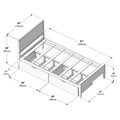 Wooden platform bed assembly diagram showing headboard, slatted mattress support and two under‑bed storage drawers, annotated with dimensions in inches and centimeters (81" / 206cm length, 43" / 110cm headboard, 38" / 96cm width)