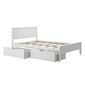 White wooden platform bed frame with slatted base and two under-bed storage drawers — modern space-saving twin bed for small bedrooms