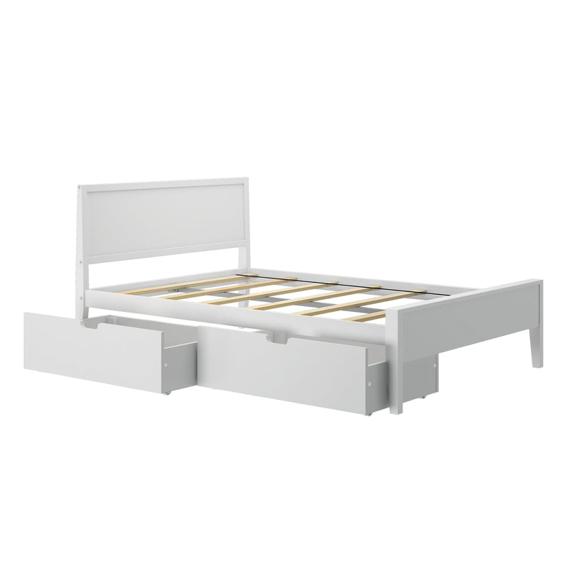 White wooden platform bed frame with slatted base and two under-bed storage drawers — modern space-saving twin bed for small bedrooms
